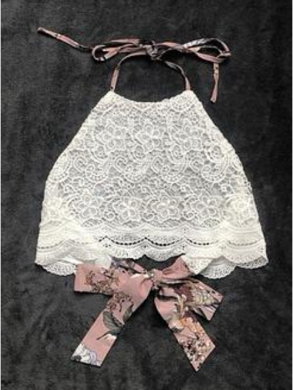 White Lace Trim Halter Crop Top w/ Floral Pink Tie